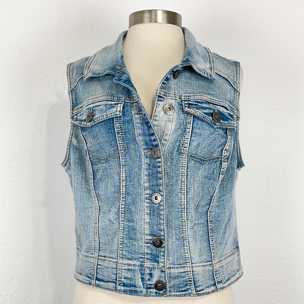 Women Western Trucker Ranch Vest Size XL Blue Denim Sleeveless Jacket Rodeo Boho